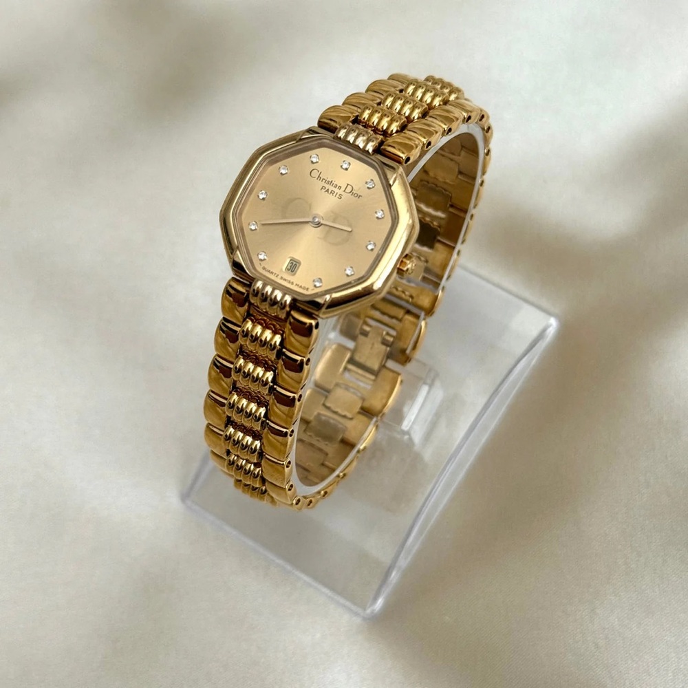 AUTHENTIC VINTAGE DIOR GOLD WATCH - WITH DIAMOND HOUR MARKERS